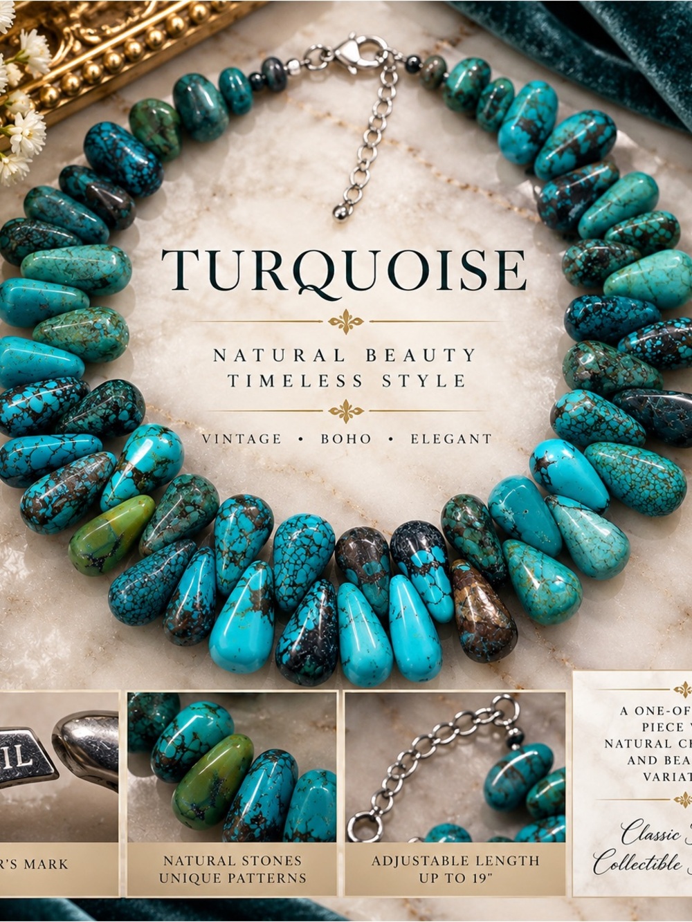Natural Turquoise Stone Statement Necklace Sterling Silver (925) Chunky Teardrop